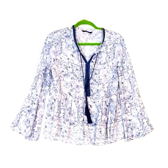 DNMX Top Women's M  Peasant Boho Bell Sleeve Baby Doll Flounce Blue White - Picture 1 of 9